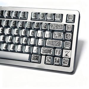 Puede incluir: Un teclado de ordenador plateado con teclas personalizadas. Las teclas presentan diseños intrincados en blanco y negro, incluyendo texto e ilustraciones. El teclado tiene una disposición estándar con un marco metálico.