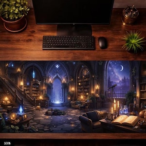 May include: A desk setup featuring a large, detailed mousepad with a fantasy library scene. The mousepad has a dark, gothic interior with bookshelves, candles, and a night sky view. A keyboard, mouse, and monitor sit above the mousepad.