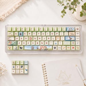 May include: A mechanical keyboard and a separate numeric keypad featuring light green keycaps with various cartoon character illustrations, symbols, and standard alphanumeric characters in a dark brown font, all housed in a clear plastic case.