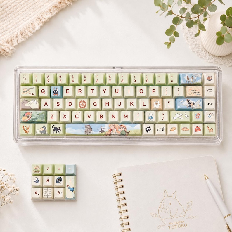 May include: A mechanical keyboard and a separate numeric keypad featuring light green keycaps with various cartoon character illustrations, symbols, and standard alphanumeric characters in a dark brown font, all housed in a clear plastic case.