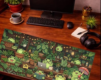 Cute Frog Mouse Pad, Cozy Plant Desk Mat, Kawaii Frog Desk Pad, Cottagecore Desk Mat, Green Aesthetic Workspace Mouse Pad