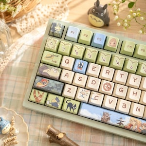 May include: A mechanical keyboard featuring light green and cream-colored keycaps decorated with various anime-inspired illustrations, including characters and scenes. The keys display standard QWERTY lettering alongside custom graphic designs.