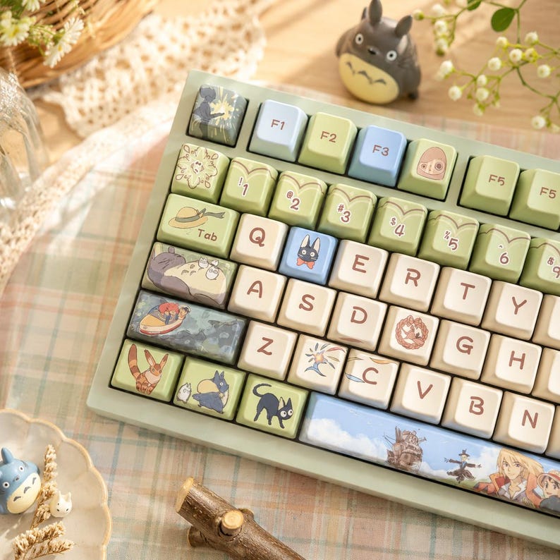 May include: A mechanical keyboard featuring light green and cream-colored keycaps decorated with various anime-inspired illustrations, including characters and scenes. The keys display standard QWERTY lettering alongside custom graphic designs.