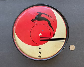 Art deco round tin stylized deer, red, gold, black 7.5"