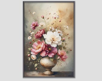 Arte de pared imprimible con naturaleza muerta floral vintage, cuadro romántico de peonía en jarrón, decoración botánica neutra para el hogar, floral, descarga digital