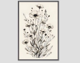 Impresión artística de flores botánicas blancas, arte floral minimalista para pared, ilustración de flores silvestres neutras, decoración elegante para el hogar, descarga digital imprimible.