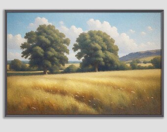 Arte de paisaje de árboles, arte de pared de pradera, paisaje natural, arte de campo rústico, decoración campestre, arte de pared imprimible