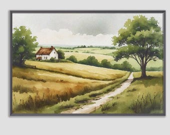 Arte mural imprimible de acuarela campestre, pintura de paisaje rústico de granja, campo de casa de campo, decoración de naturaleza neutra, descarga digital