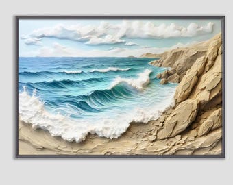 Arte mural de arcilla 3D imprimible con acantilado oceánico: paisaje marino con olas costeras, decoración playera con efecto de arcilla texturizada, arte mural moderno neutro, descarga digital
