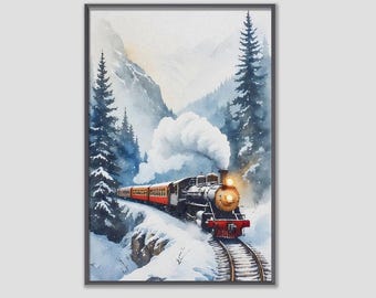 Arte mural imprimible de tren de invierno, pintura de paisaje de ferrocarril de montaña nevada, locomotora de vapor vintage, decoración rústica acogedora, descarga digital