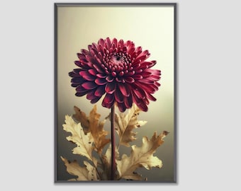Lámina artística de crisantemo burdeos: arte floral botánico para pared, elegante ilustración de flores otoñales, decoración con estilo, descarga digital imprimible