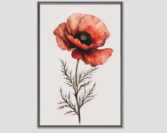 Arte mural botánico de amapola roja imprimible, ilustración floral vintage, arte floral minimalista, decoración neutra para el hogar, descarga digital