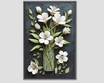 Impresión artística 3D con efecto arcilla en jarrón floral blanco: arte mural con flores botánicas, decoración minimalista y neutra para el hogar, descarga digital imprimible moderna.