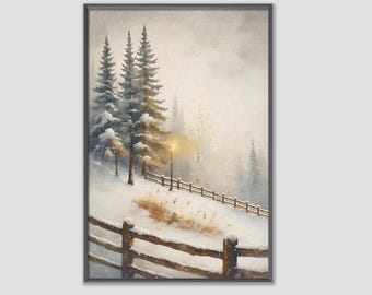 Arte mural imprimible con valla de bosque invernal, pintura de paisaje nevado, decoración rústica neutra de invierno, paisaje invernal, descarga digital