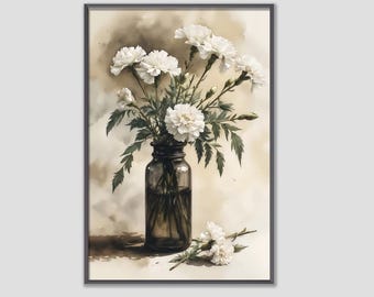 Impresión artística de acuarela de un jarrón floral blanco: elegante pintura de bodegón floral, arte mural botánico neutro, decoración del hogar, descarga digital