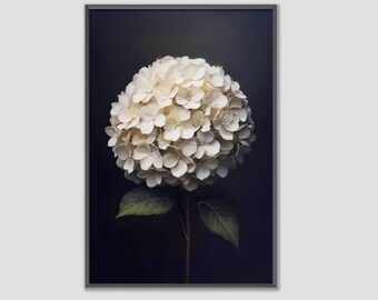 Lámina artística de hortensia blanca, elegante arte botánico para pared, ilustración floral con un toque melancólico, decoración con fondo oscuro, descarga digital imprimible.