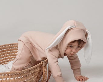 Handgemaakte fleece babyromper met BUNNY-oren | Zachte winterjumpsuit