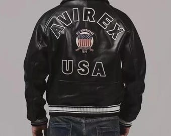 Męska kurtka typu bomber Avirex w kolorze czarnym z prawdziwej skóry, w stylu American Flight