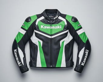 Mens Kawasaki Racing Motorcycle Jacket: Green & Black Cowhide Leather Biker Jacket