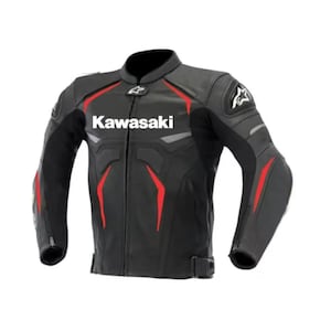 Könnte beinhalten: Schwarze und graue Motorradjacke mit roten Akzenten und dem Kawasaki-Logo. Die Jacke hat einen Stehkragen, einen Frontreißverschluss und gepolsterte Schultern. Die Ärmel haben rote Streifen und das Alpinestars-Logo.