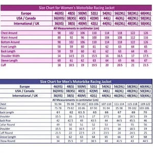 May include: Size charts for women's and men's motorbike racing jackets. Measurements are in centimeters. Includes chest, waist, back length, shoulder, sleeve length, and cuff measurements for various sizes, from XS to 4XL.
