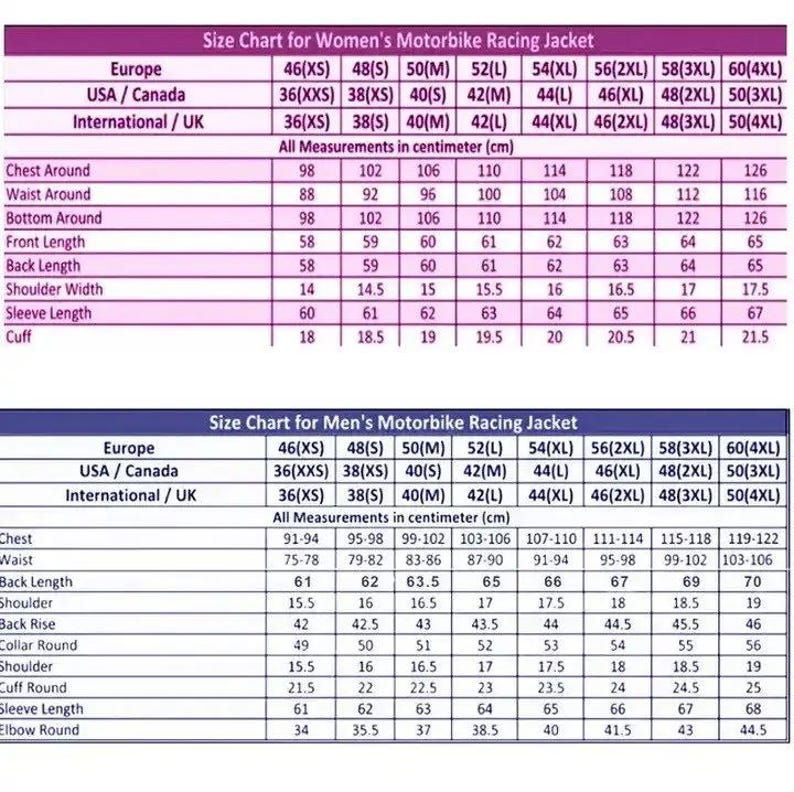 May include: Size charts for women's and men's motorbike racing jackets. Measurements are in centimeters. Includes chest, waist, back length, shoulder, sleeve length, and cuff measurements for various sizes, from XS to 4XL.
