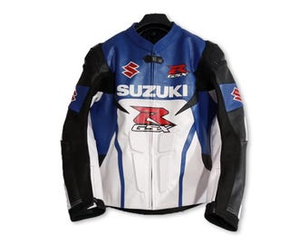 Mens Suzuki GSXR Cowhide Leather Motorcycle Racing Jacket Motorbike Riding Biker Jacket