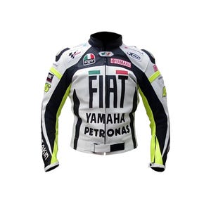May include: White and black motorcycle jacket with yellow accents. The jacket features the FIAT, Yamaha, and Petronas logos, along with other sponsor emblems. The jacket has a black collar and a waist belt.