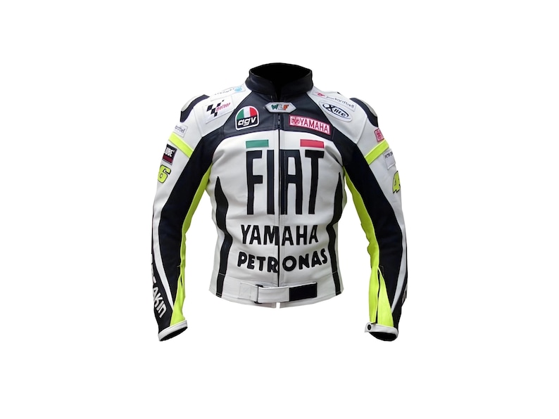 May include: White and black motorcycle jacket with yellow accents. The jacket features the FIAT, Yamaha, and Petronas logos, along with other sponsor emblems. The jacket has a black collar and a waist belt.