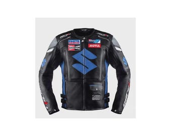 Mens Black Suzuki Leather Motorcycle Racing Jacket Motorbike Riding Bike Jacket