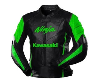 Mens Black Kawasaki Ninja Motorcycle Racing Jacket: Genuine Cowhide Leather Biker Riding Jacket