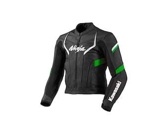 Mens Black Kawasaki Ninja Motorcycle Racing Jacket: Genuine Cowhide Leather Biker Riding Jacket