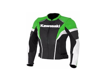 Women Kawasaki Leather Motorcycle Racing Jacket Motorbike Motogp Biker Riding Jacket