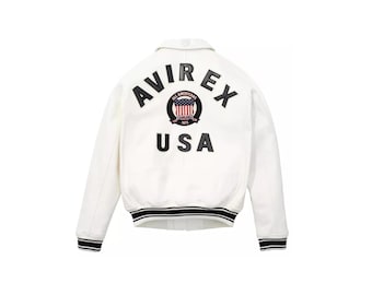 Mens Avirex White Real Leather Bomber Jacket, American Flight Style