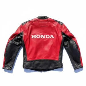 May include: Red and black leather motorcycle jacket with the Honda logo in white on the back. The jacket has black sleeves and accents, with a red body. A classic design for motorcycle enthusiasts.
