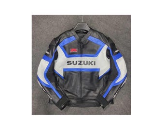 Black Suzuki GSXR Cowhide Leather Motorcycle Racing Jacket Motorbike Riding Jacket