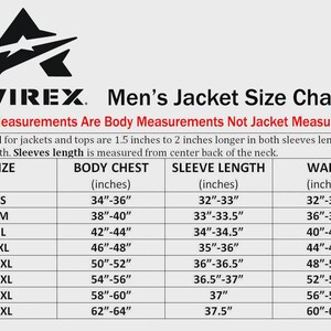 Pu&ograve; includere: Tabella delle taglie delle giacche Avirex, con misure del corpo in pollici. La tabella include taglie dalla S alla 5XL, con dettagli su torace, lunghezza maniche e vita. Il testo specifica che si tratta di misure del corpo, non della giacca.
