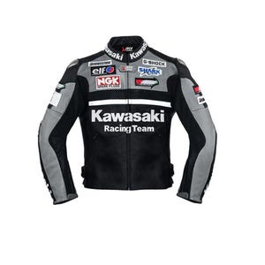 Könnte beinhalten: Schwarze und graue Kawasaki Racing Team Motorradjacke. Die Jacke hat weiße Streifen, Mesh-Einsätze und Sponsorenlogos wie Bridgestone, Elf, NGK Spark Plugs und Shark. Das Kawasaki Racing Team Logo ist deutlich sichtbar.