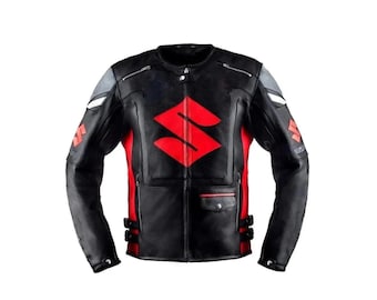 Mens Black Suzuki Leather Motorcycle Racing Jacket Motorbike Riding Motogp Bike Jacket