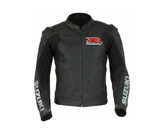 Giacca da motociclista da uomo in pelle bovina Suzuki GSXR nera