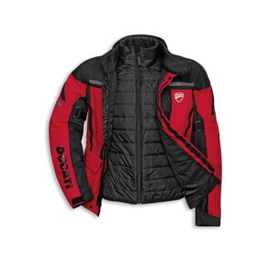 May include: Red and black motorcycle jacket with the Ducati logo. The jacket features a quilted black inner lining and black detailing on the sleeves and shoulders. The Ducati logo is visible on the chest.