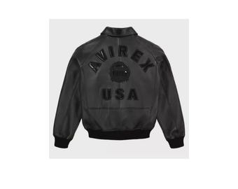 Men's Avirex Black Real Leather Bomber Jacket, American Flight Style