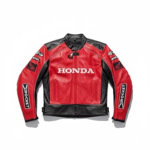 May include: Red and black leather motorcycle jacket with the word "HONDA" across the chest. The jacket has black accents on the shoulders and sleeves, with "ROCKET" printed on the sleeves.