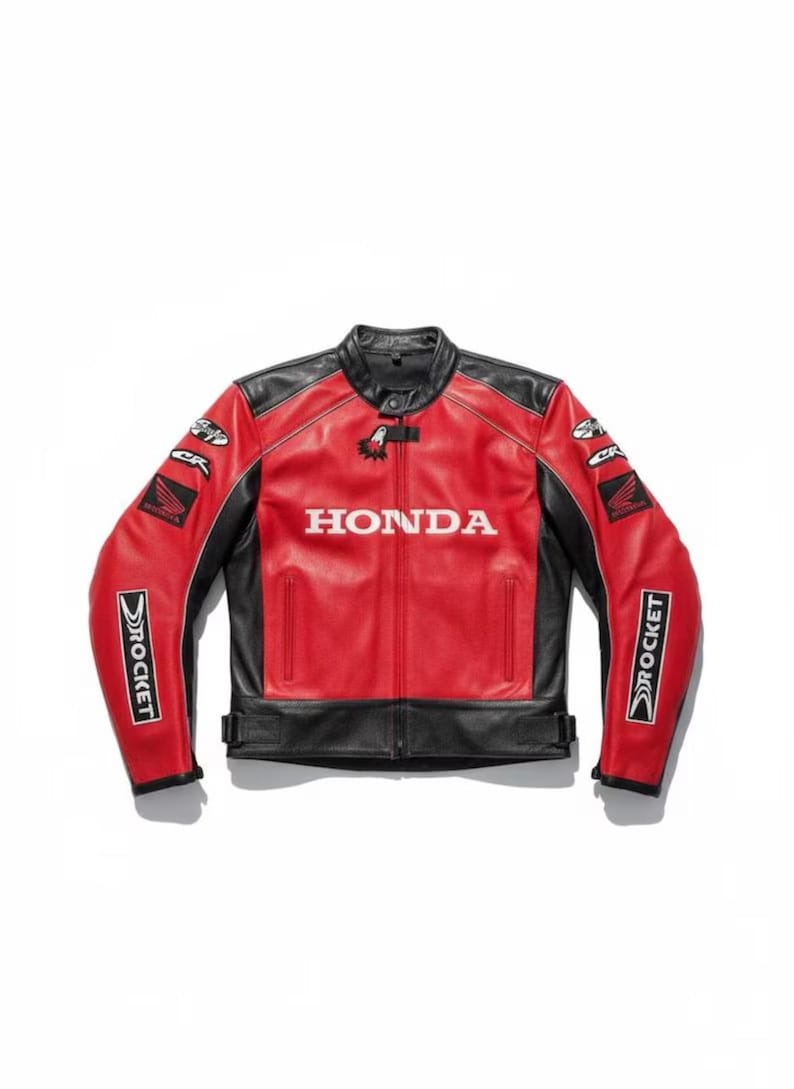 May include: Red and black leather motorcycle jacket with the word "HONDA" across the chest. The jacket has black accents on the shoulders and sleeves, with "ROCKET" printed on the sleeves.