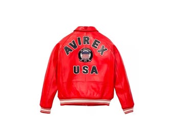 Men's Red Avirex Real Leather Bomber Flight Jacket