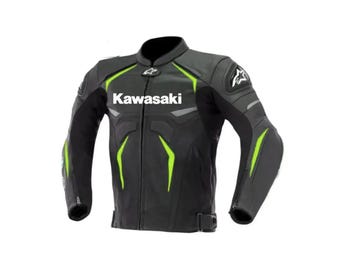 Giacca da motociclista in pelle nera Kawasaki, giacca da motociclista MotoGP