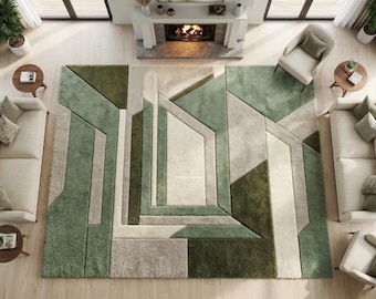 Handmade-Tufted Geometric Wool Rug | Sage Green Large Area Room Rug