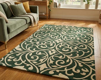 Traditional Floral Scroll Rug | Vintage Style Green, Cream Elegant Living Room & Bedroom