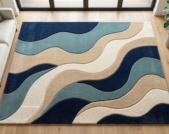 Abstract Wave Wool Rug, Hand-Tufted Blue Beige Area Carpet