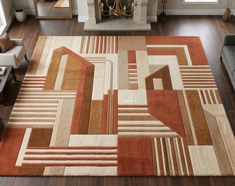 Hand-Tufted Geometric Wool Rug | Mid-Century Modern Living Room Carpet